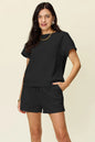 Mocha double take texture short sleeve T-shirt and drawstring shorts set by Trendsi, casual loungewear for men or women.