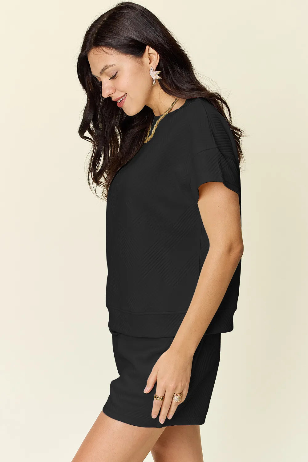 Trendsi mocha double take full-size textured short sleeve T-shirt and drawstring shorts set, casual and comfortable for everyday wear.