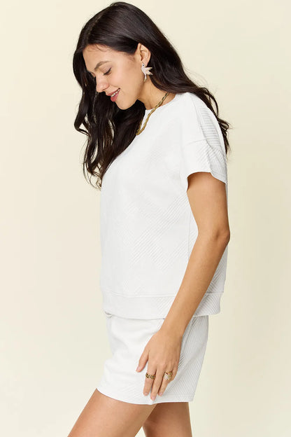 Mocha double take full-size textured short sleeve T-shirt and drawstring shorts set by Trendsi, casual and comfortable summer outfit.