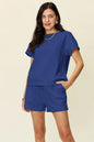 Trendsi mocha double take full-size textured short-sleeve T-shirt and drawstring shorts set, casual summer outfit for men or women.