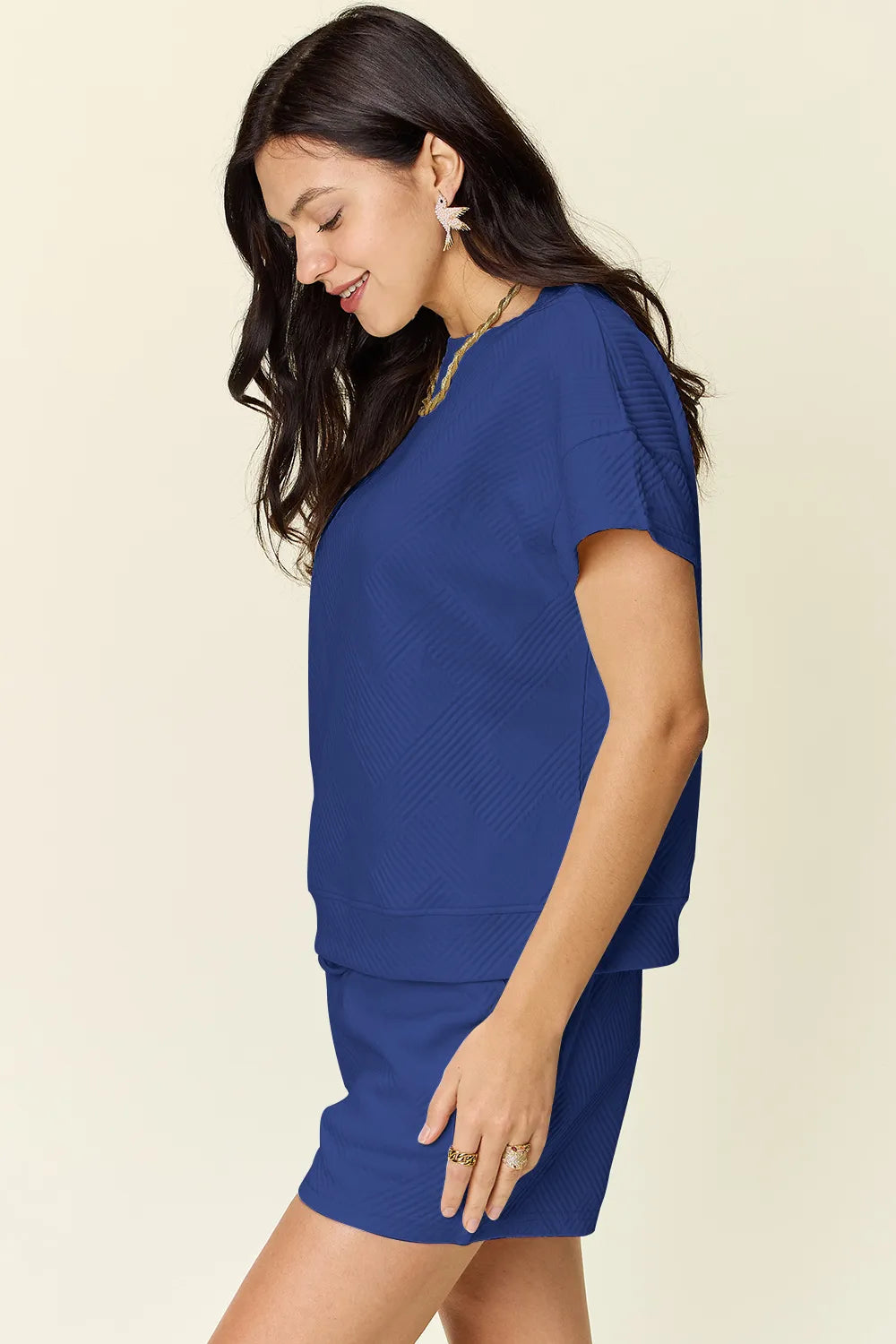 Mocha Trendsi double take full size textured short sleeve T-shirt and drawstring shorts set, casual and comfortable for everyday wear