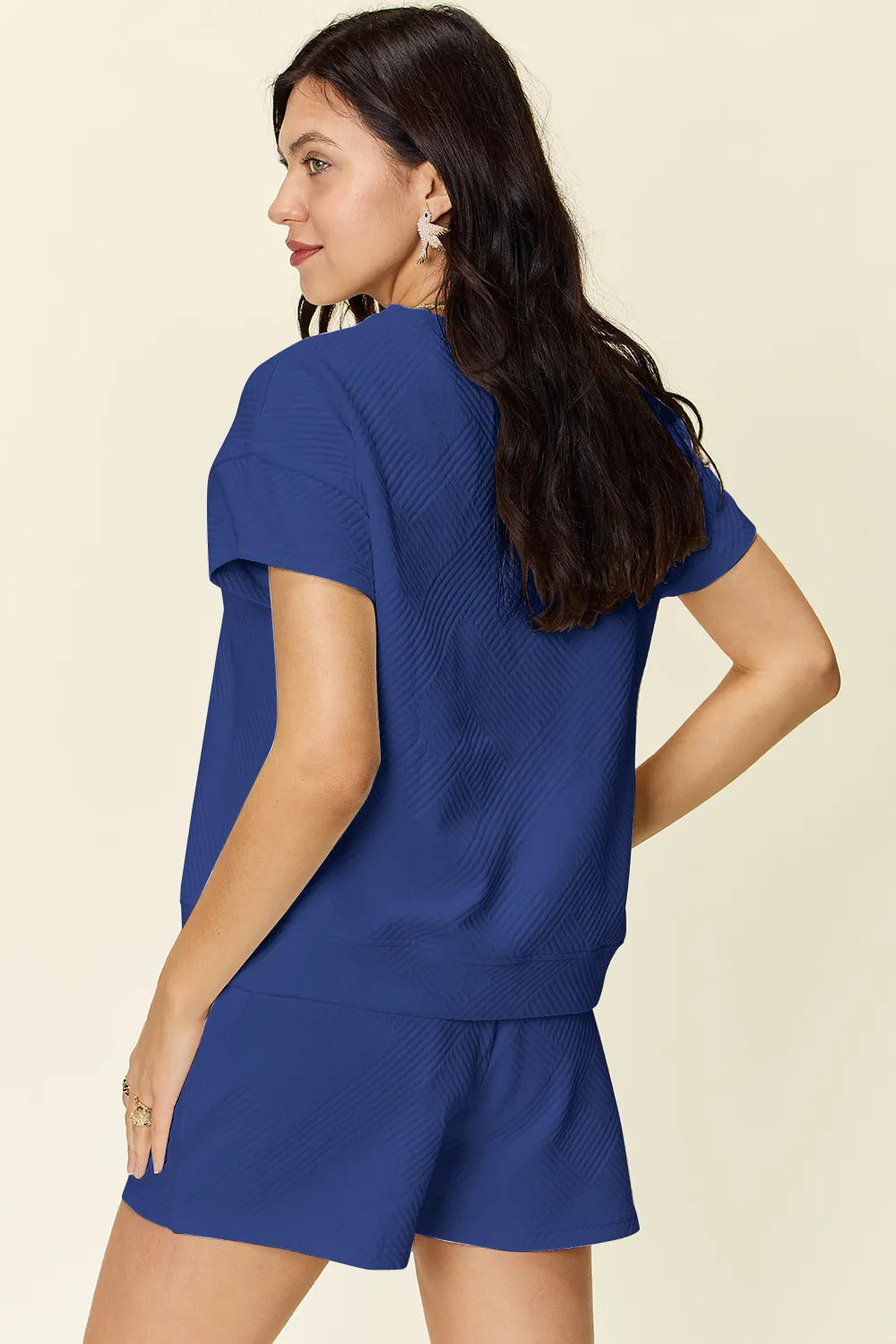 Trendsi mocha double take full size textured short sleeve T-shirt and drawstring shorts set on a model.