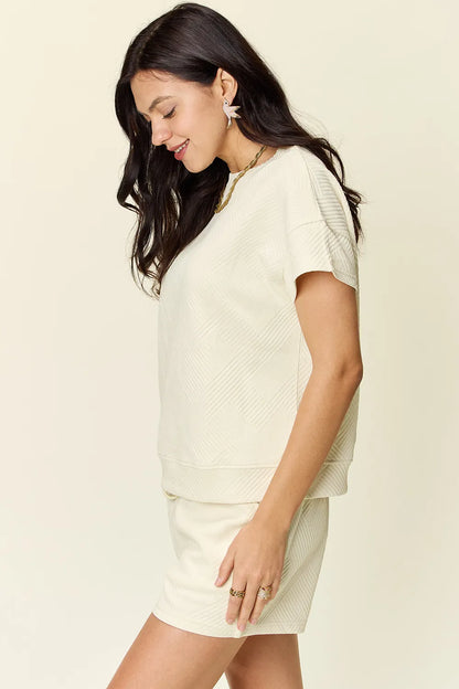 Mocha double take full-size textured short sleeve T-shirt and drawstring shorts set by Trendsi, casual summer outfit.