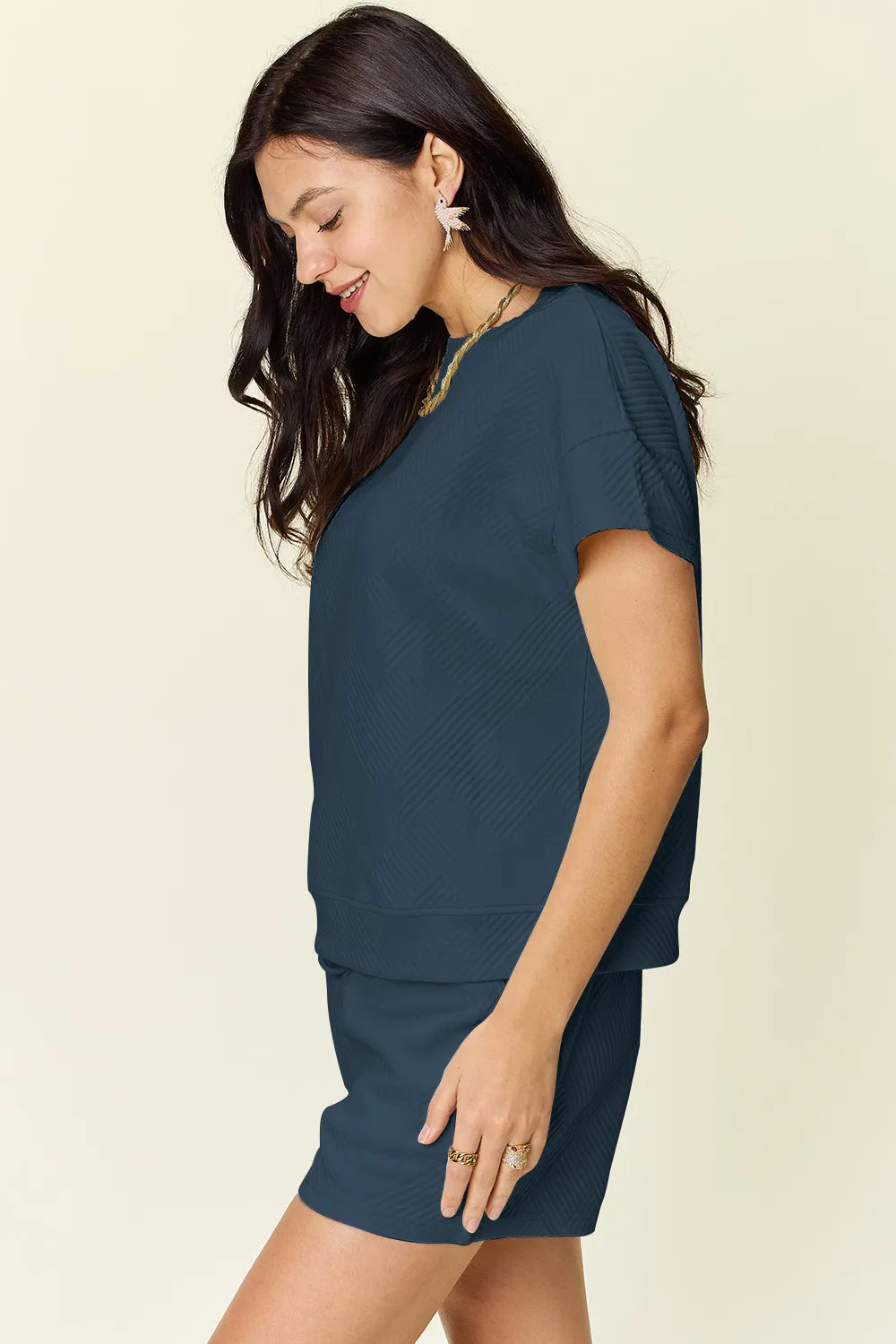 Trendsi mocha double take full-size textured short sleeve T-shirt with matching drawstring shorts set for casual wear