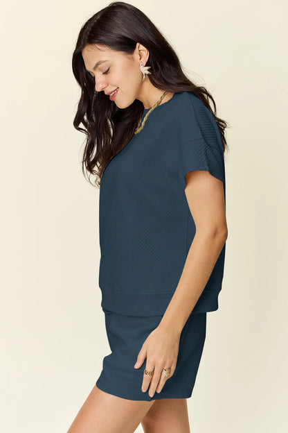 Trendsi mocha double take full-size textured short sleeve T-shirt with matching drawstring shorts set for casual wear