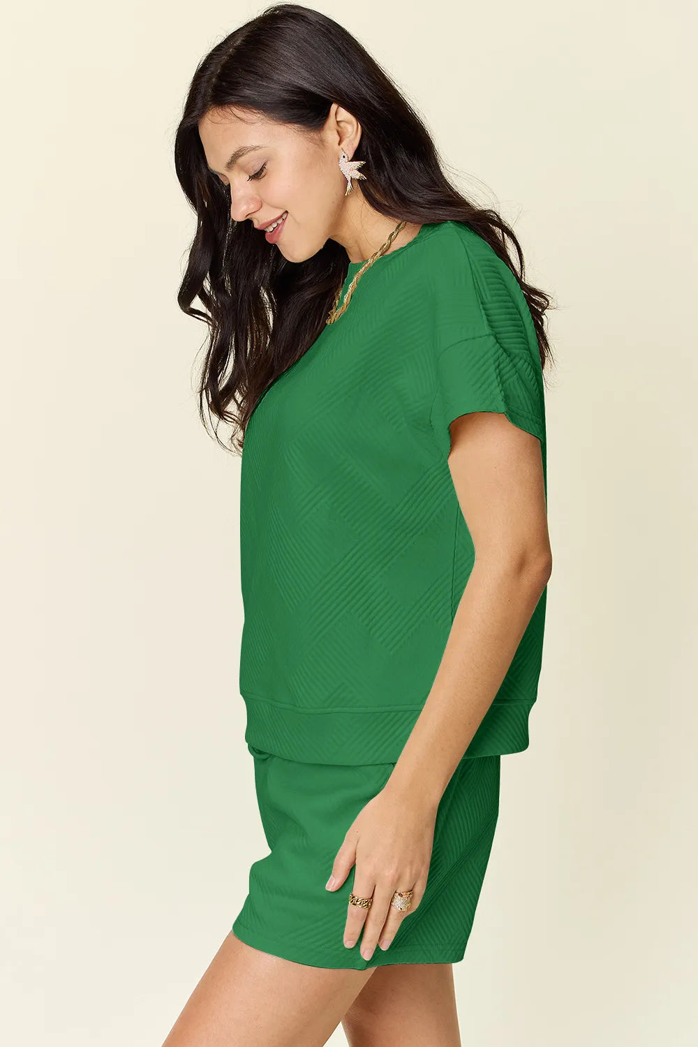 Trendsi mocha double take full-size textured short sleeve T-shirt and drawstring shorts set on a model.
