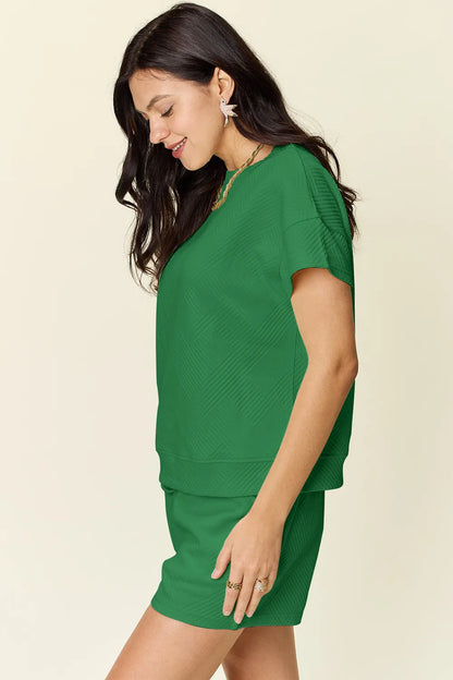 Trendsi mocha double take full-size textured short sleeve T-shirt and drawstring shorts set on a model.