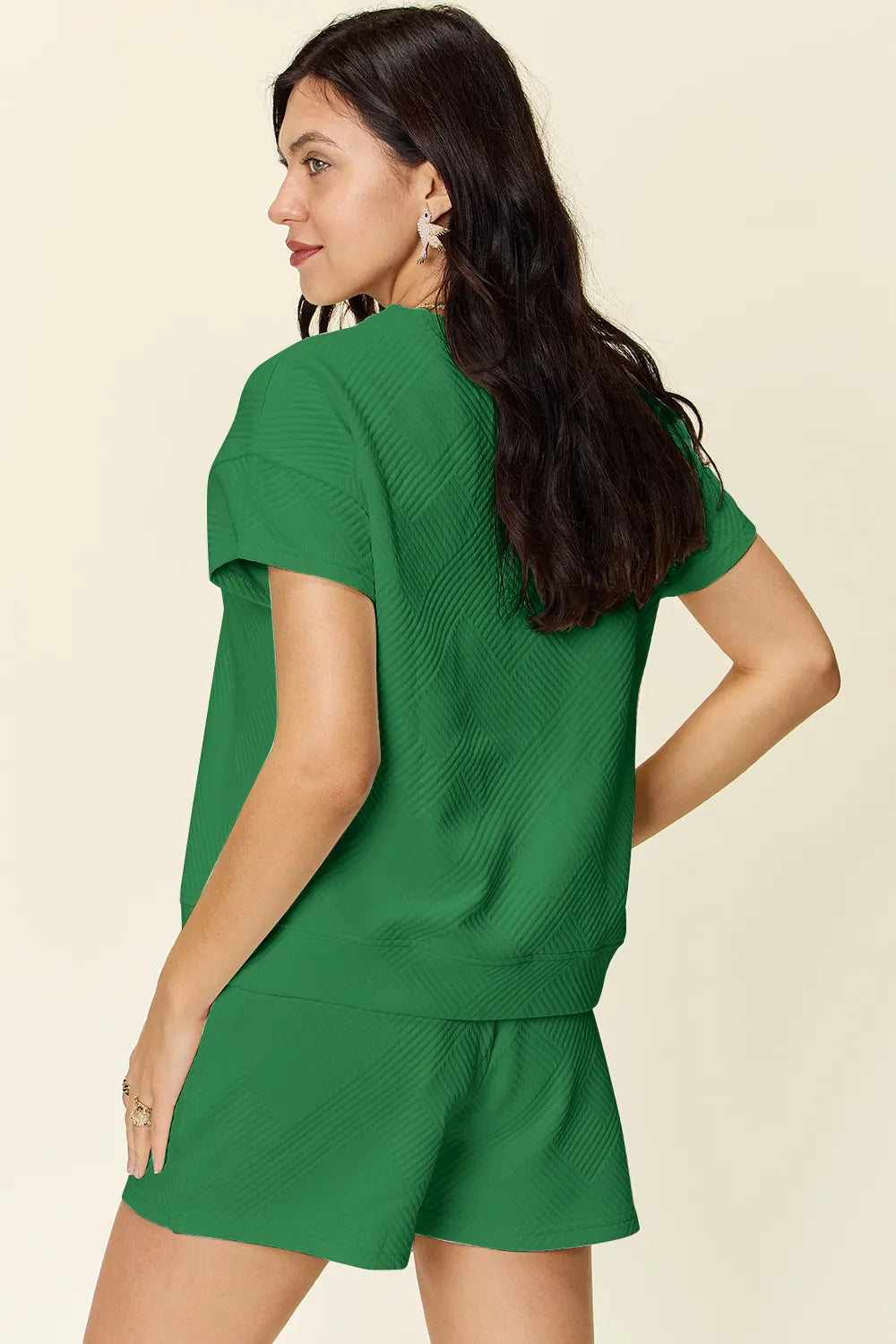 Mocha double take full size texture short sleeve T-shirt and drawstring shorts set by Trendsi, casual and comfortable for everyday wear.