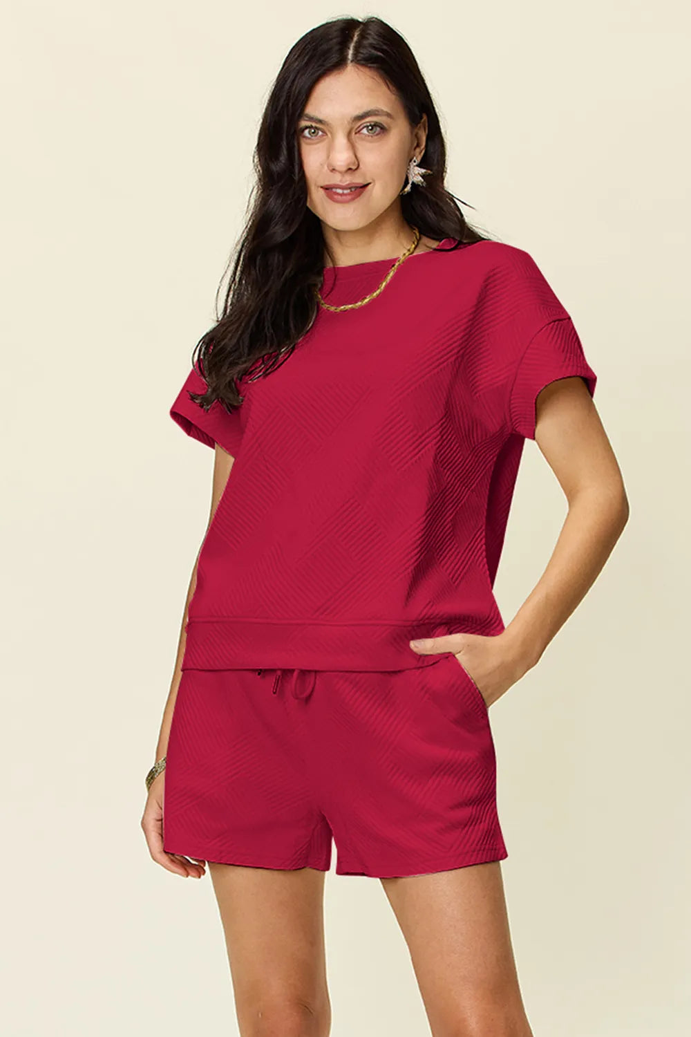 Trendi mocha double take full-size textured short sleeve T-shirt with matching drawstring shorts set for women.
