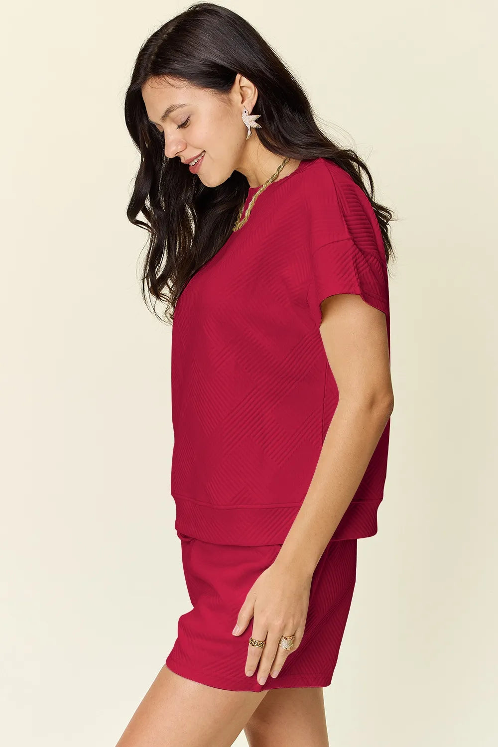 Trendsi mocha double take full-size textured short sleeve t-shirt and drawstring shorts set on a model, casual summer outfit.