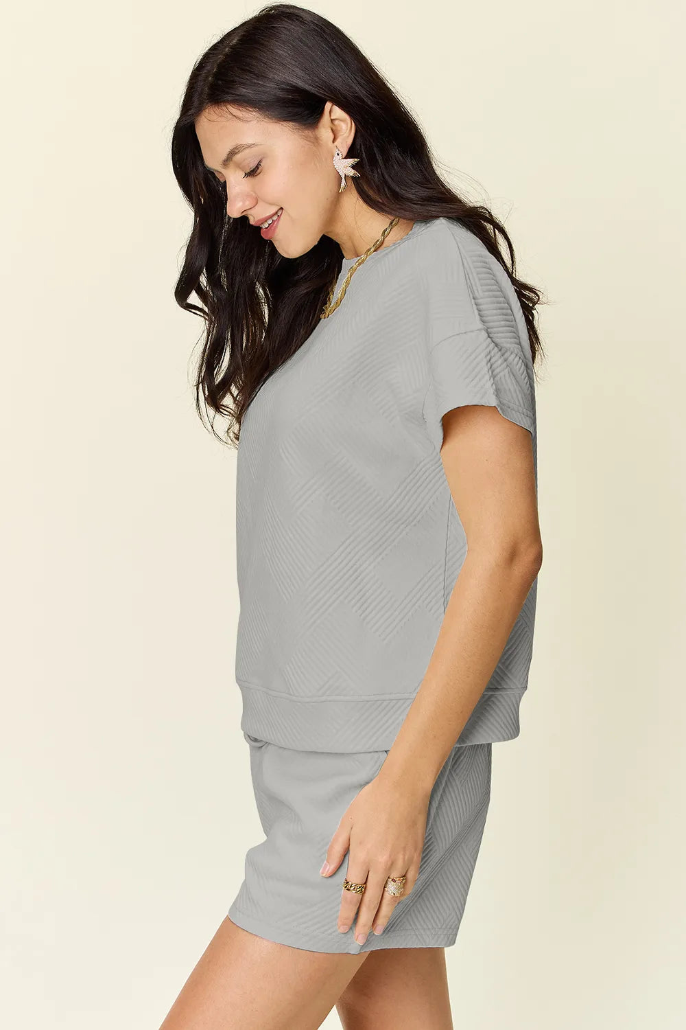 Trendsi mocha double take full size textured short sleeve T-shirt and drawstring shorts set, casual summer outfit.
