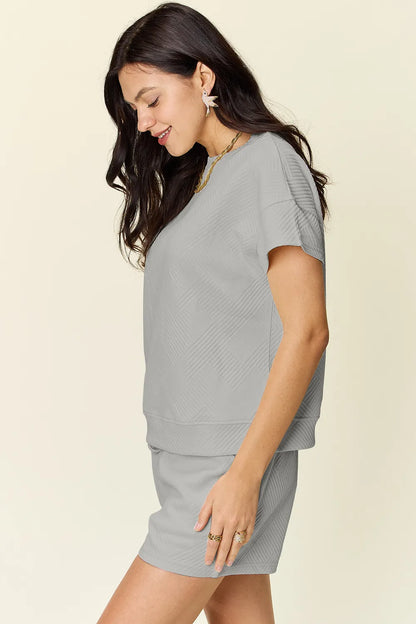 Trendsi mocha double take full size textured short sleeve T-shirt and drawstring shorts set, casual summer outfit.