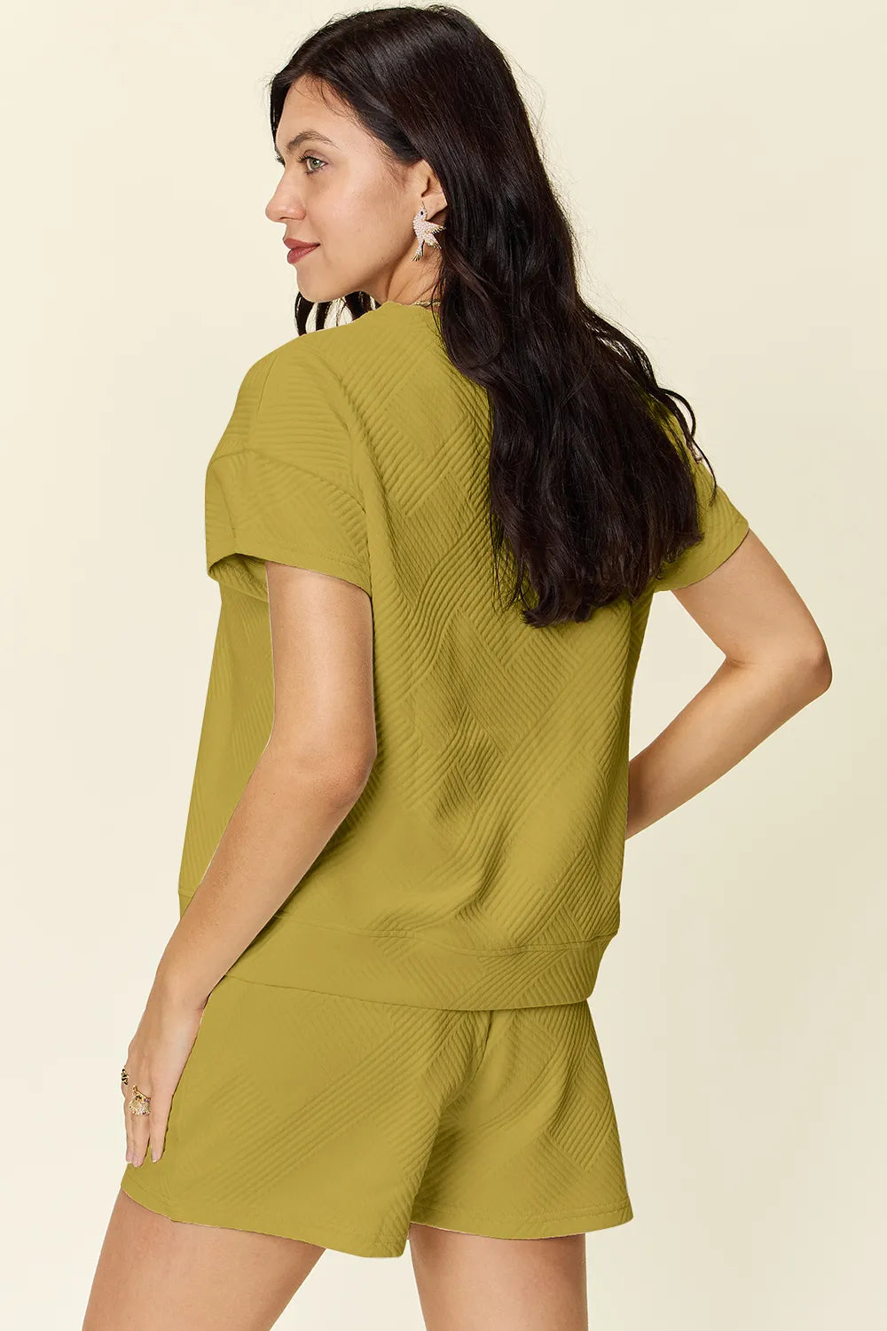 Trendi mocha double take full-size textured short sleeve T-shirt and drawstring shorts set, casual and comfortable for everyday wear.