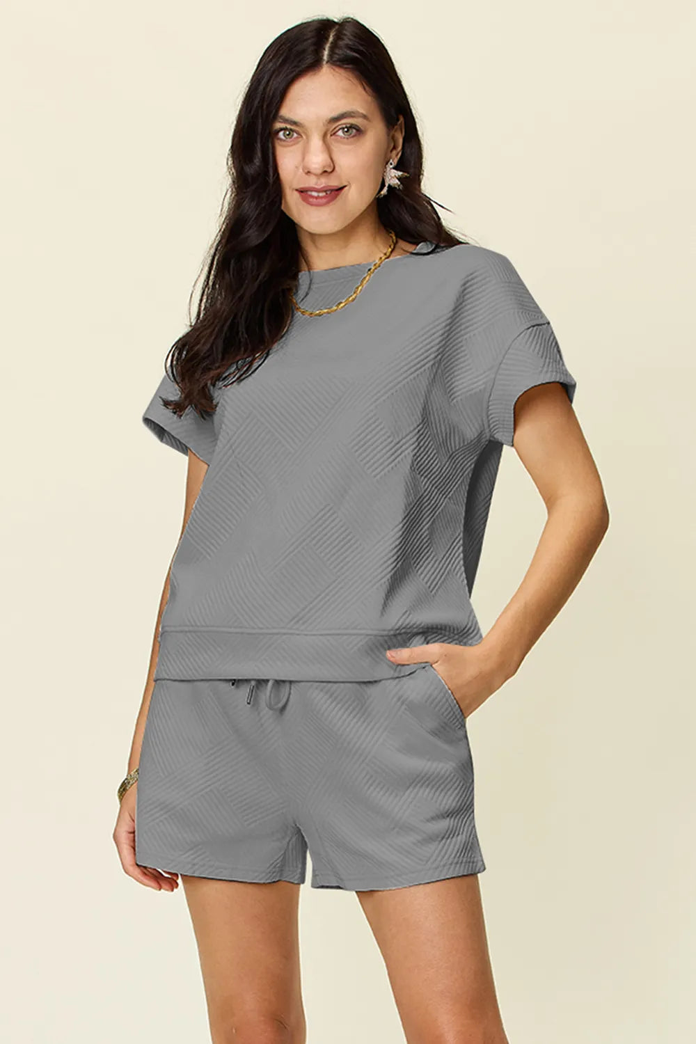 Mocha double take textured short sleeve T-shirt and drawstring shorts set by Trendsi, casual and comfortable summer outfit.