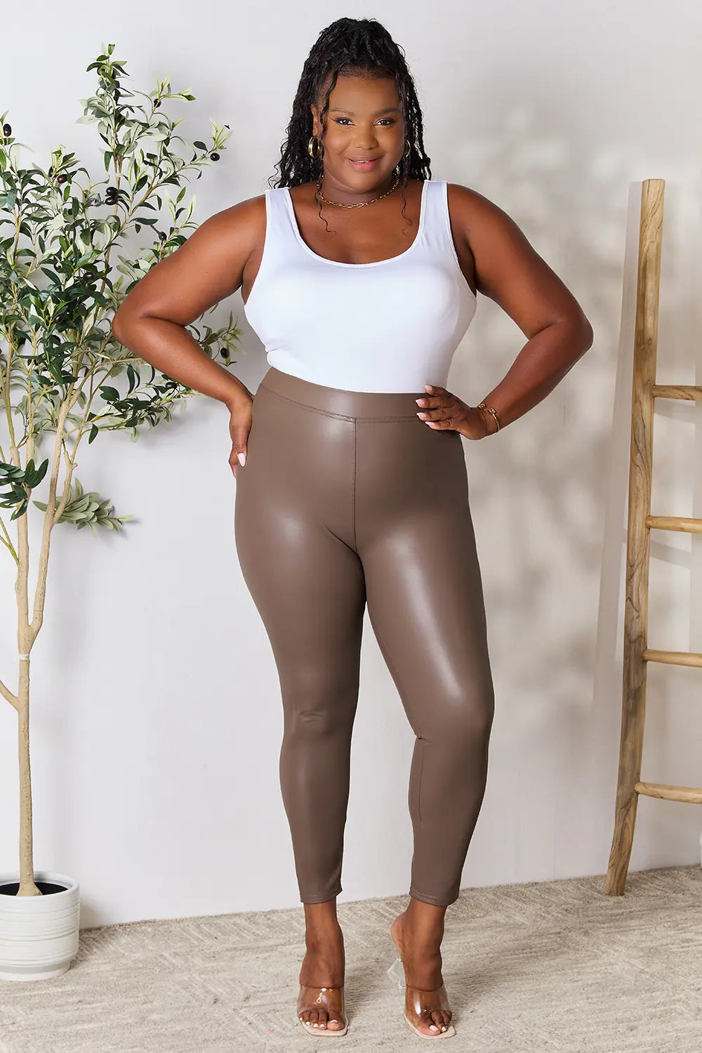 Trendsi e.Luna full-size high waist skinny pants in mocha, showcasing their fitted design and stylish high waist silhouette.