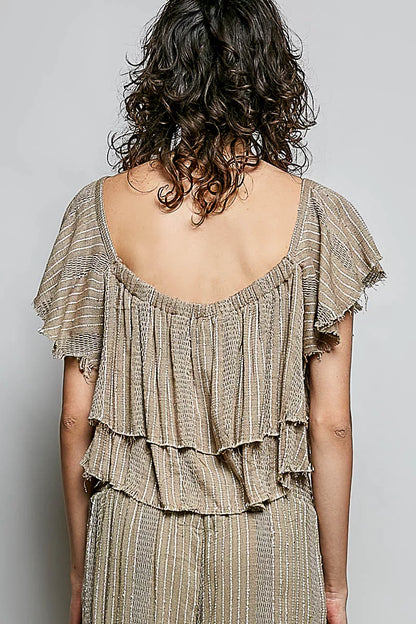 Mocha POL off-shoulder ruffle crop top by Trendsi, featuring a stylish neckline and feminine ruffle details.