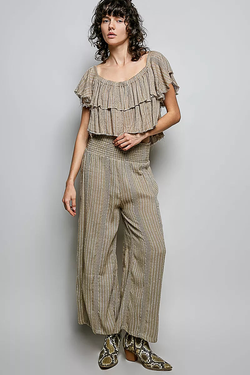 Mocha POL off-shoulder ruffle crop top by Trendsi featuring a feminine neckline and playful ruffle details.