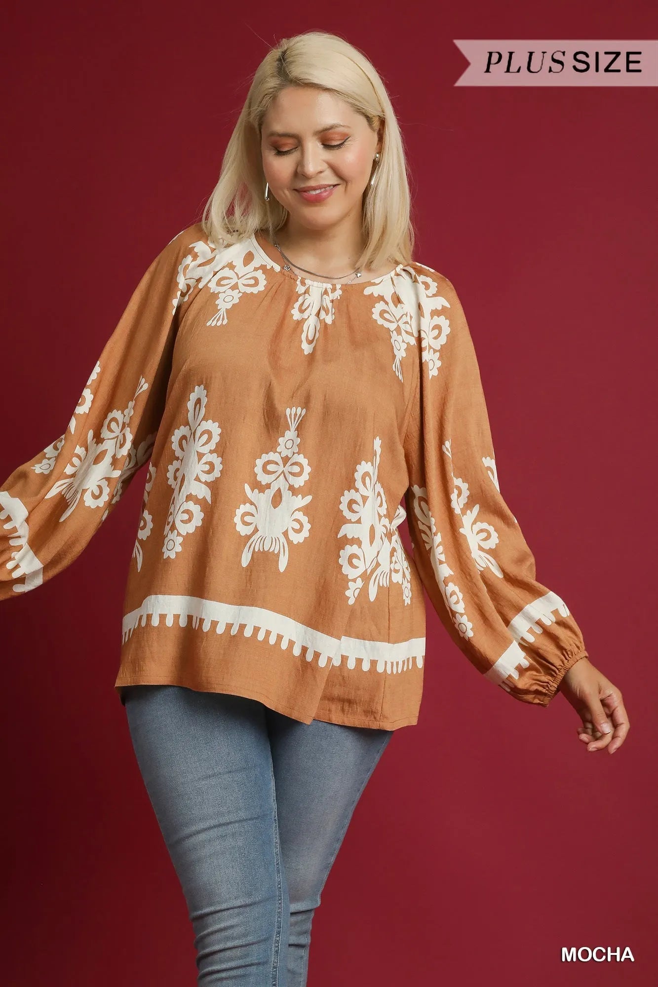 Plus size Umgee two-tone border print top with balloon sleeves, featuring a full size fit and stylish design.