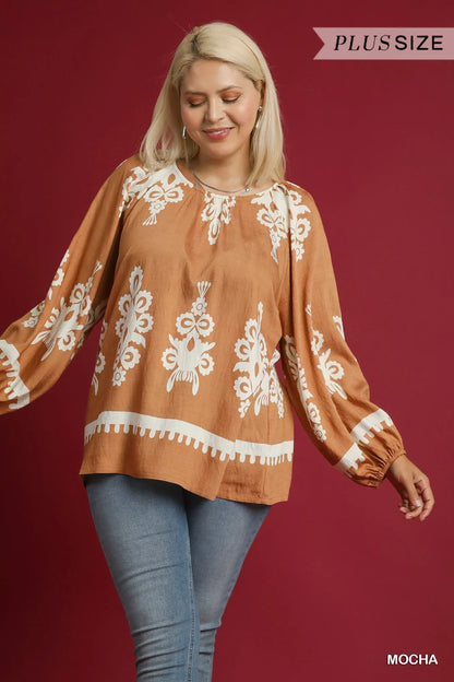 Plus size Umgee two-tone border print top with balloon sleeves, featuring a full size fit and stylish design.