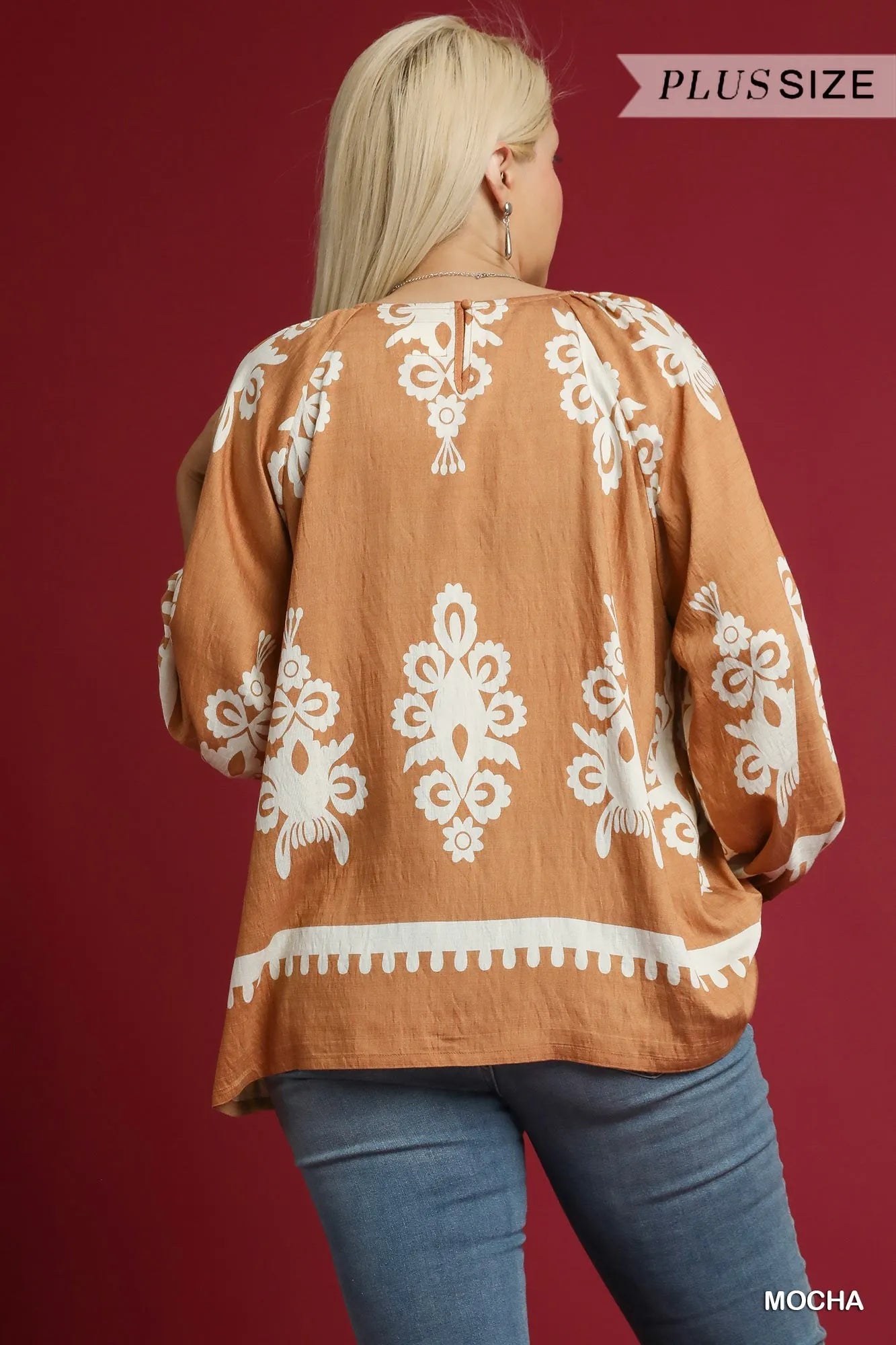 Plus size Umgee border print top with balloon sleeves in mocha, featuring two-tone design and relaxed fit.
