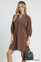Mocha Umgee notched shift dress with trim detail, showcasing a stylish sleeveless dress with a relaxed fit and decorative trim.