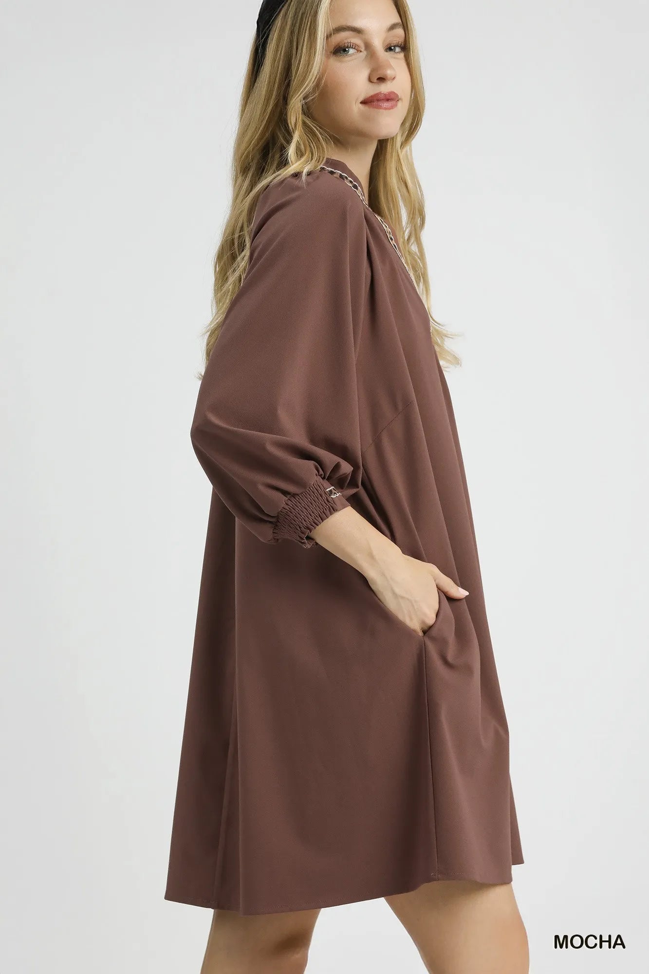 Mocha Umgee notched shift dress with trim detail, stylish casual dress featuring a notch neckline and decorative trim accents.