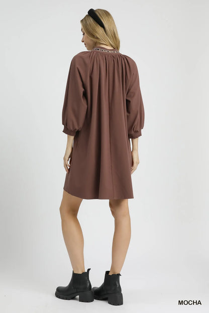 Mocha Umgee notched shift dress with trim detail, short sleeves, and relaxed fit, perfect for casual or semi-formal wear.
