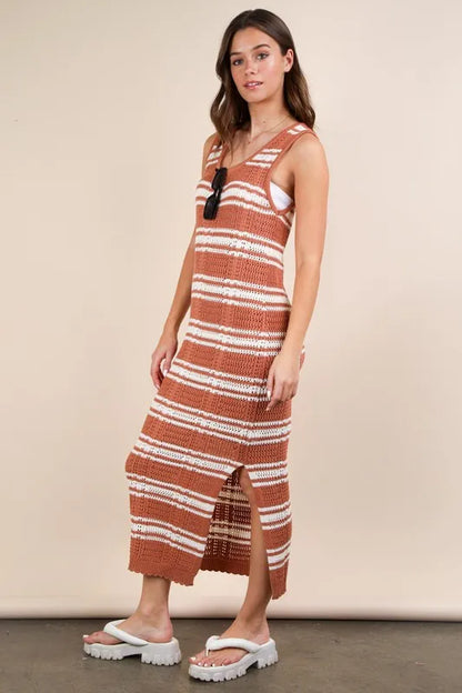 Mocha stripe knit casual midi sweater dress by Trendsi, featuring a relaxed fit and soft, cozy fabric.