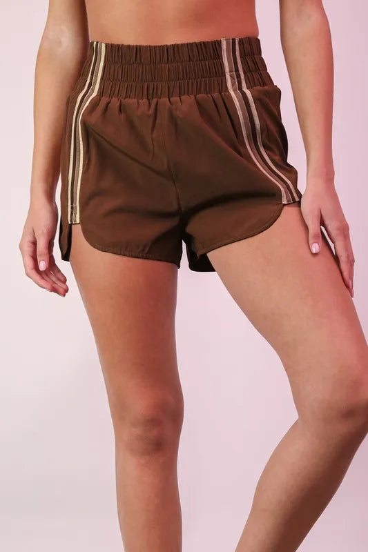 Mocha activewear shorts by Very J with striped trim detail, casual fit, perfect for workout or outdoor activities.