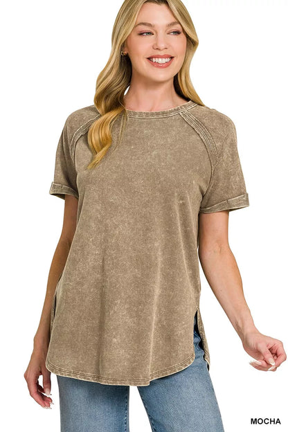 Mocha Zenana French Terry Washed Curved Hem Top from Trendsi, soft fabric with a relaxed fit and stylish curved hem detail.