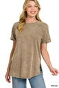 Mocha Zenana French Terry Washed Curved Hem Top from Trendsi, soft fabric with a relaxed fit and stylish curved hem detail.