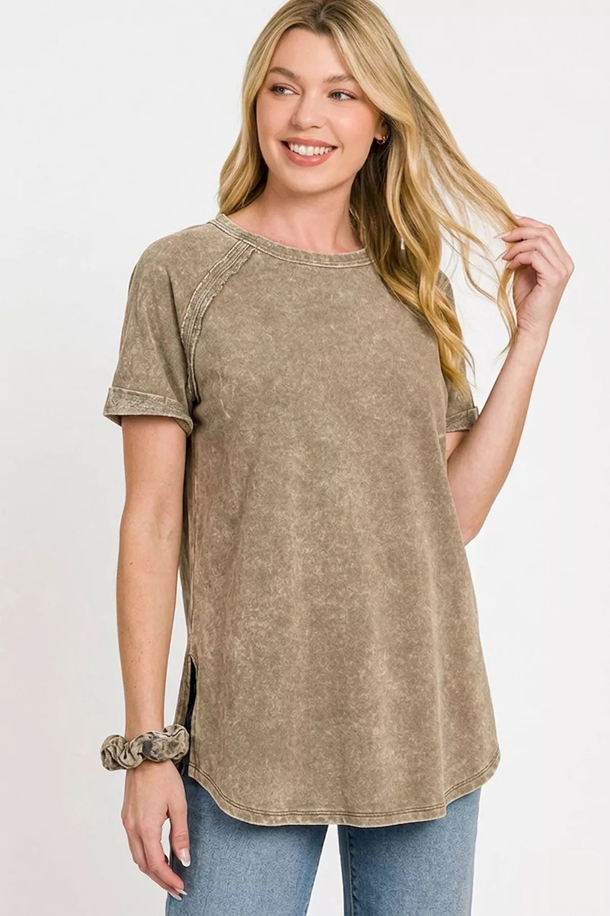 Mocha Zenana French Terry Washed Curved Hem Top with relaxed fit and casual style, designed by Trendsi.