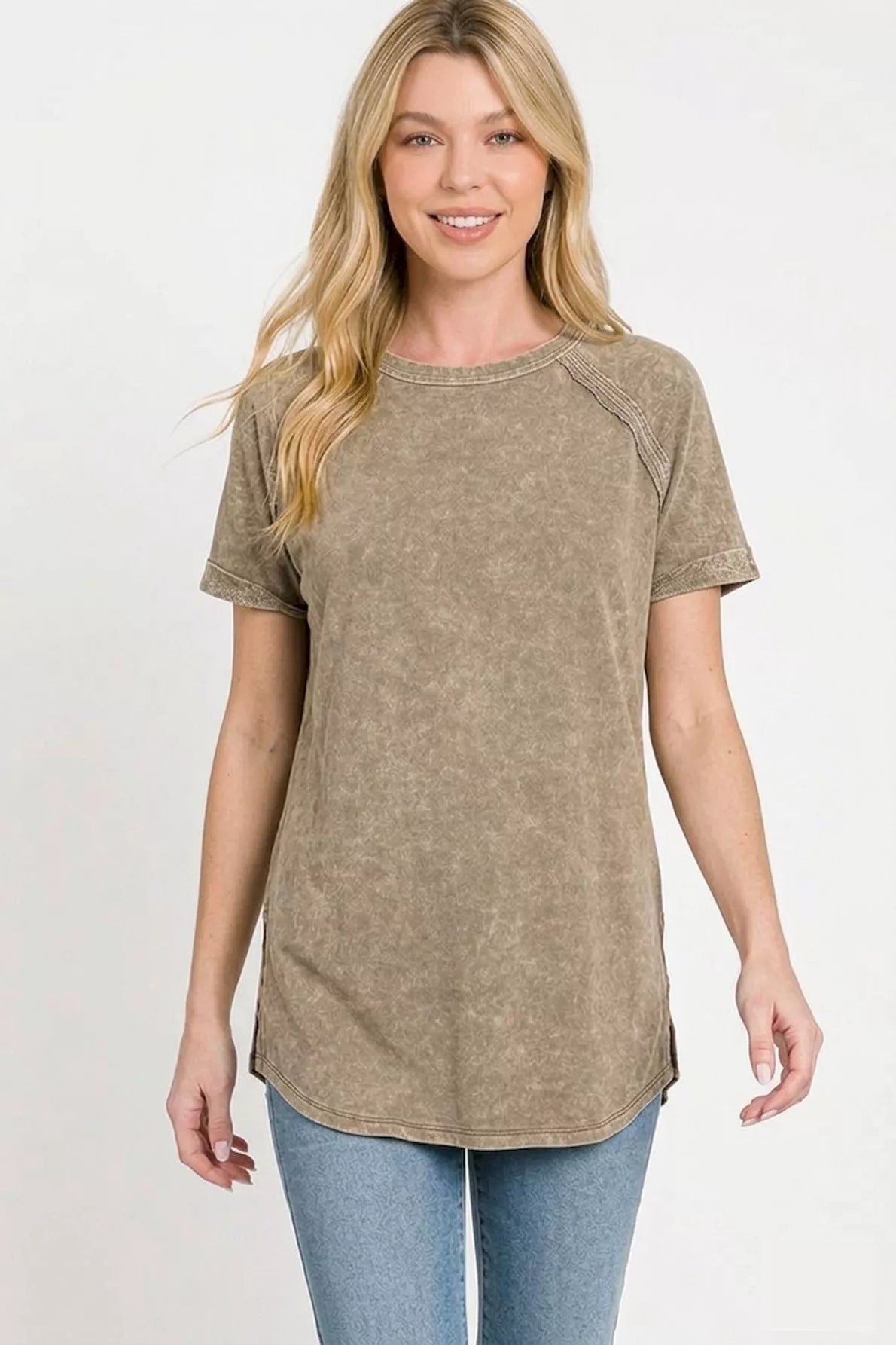 Mocha Zenana French Terry Washed Curved Hem Top with relaxed fit and long sleeves, casual everyday style.