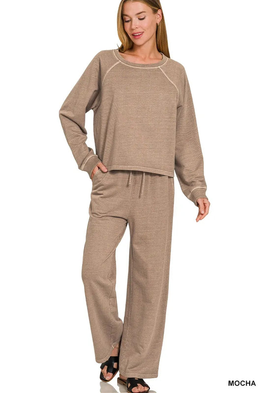 Mocha Zenana washed fleece round neck pullover and matching pants set, cozy loungewear from Trendsi.