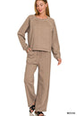 Mocha Zenana washed fleece round neck pullover and matching pants set, cozy loungewear from Trendsi.