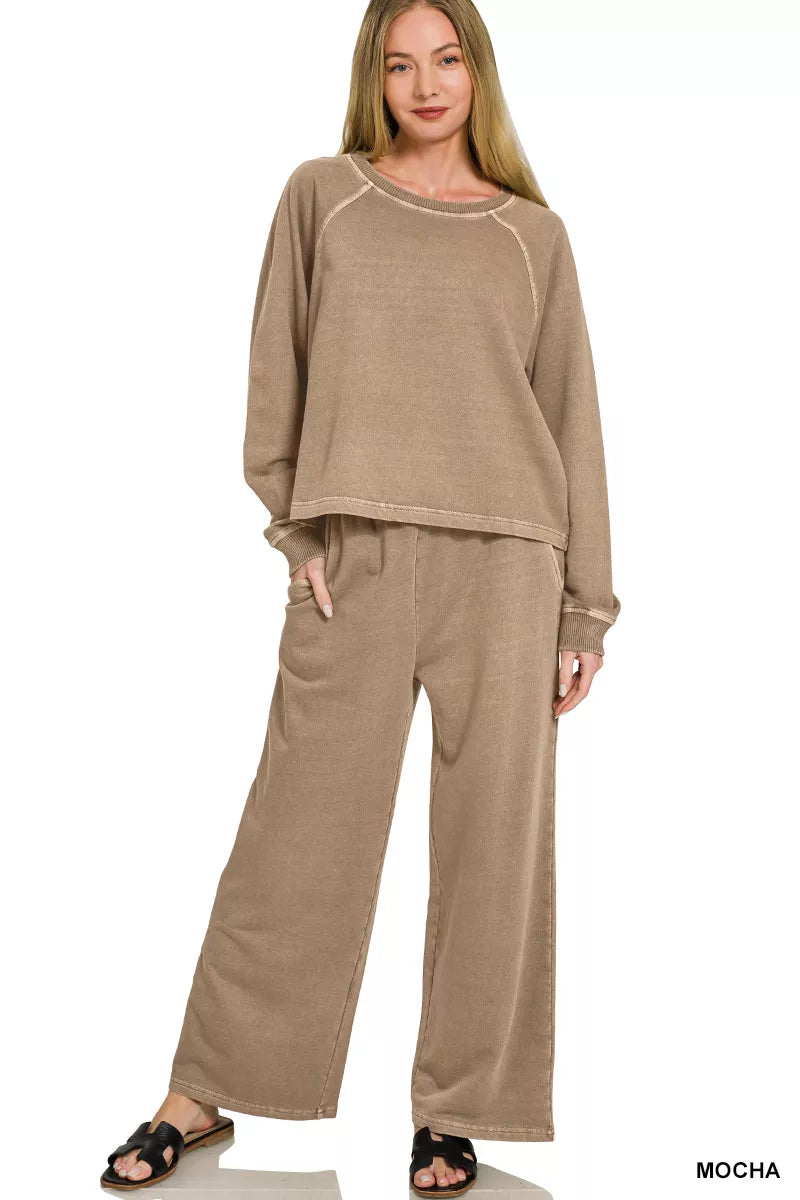 Mocha Zenana washed fleece terry round neck pullover and pants set, cozy loungewear from Trendsi.