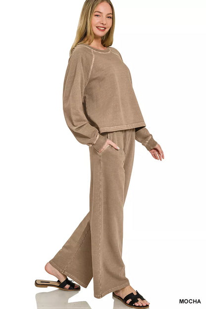 Mocha Zenana washed fleece round neck pullover and pants set from Trendsi, cozy fleece fabric, casual loungewear ensemble.