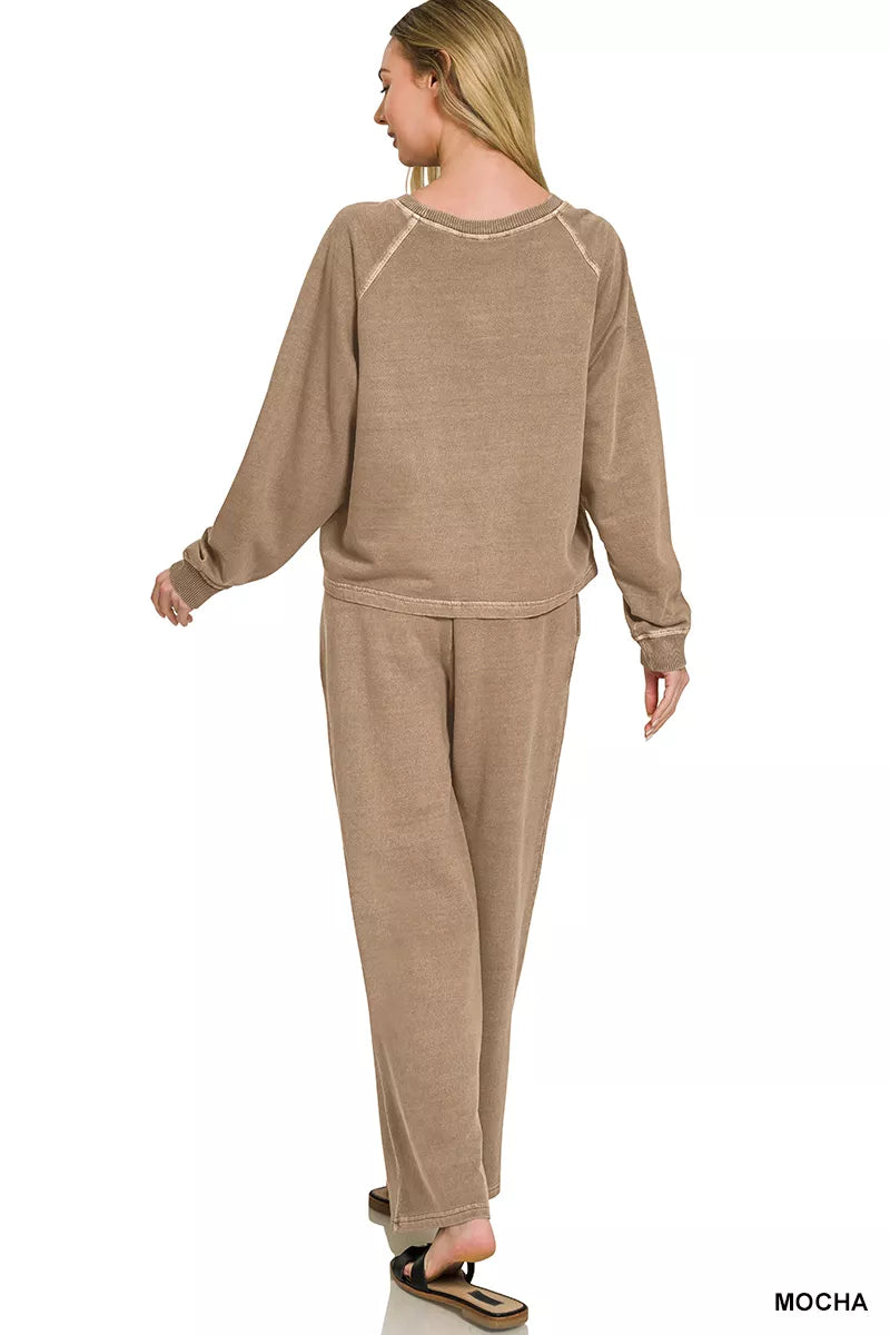 Mocha Zenana washed fleece terry round neck pullover and matching pants set, cozy loungewear from Trendsi.