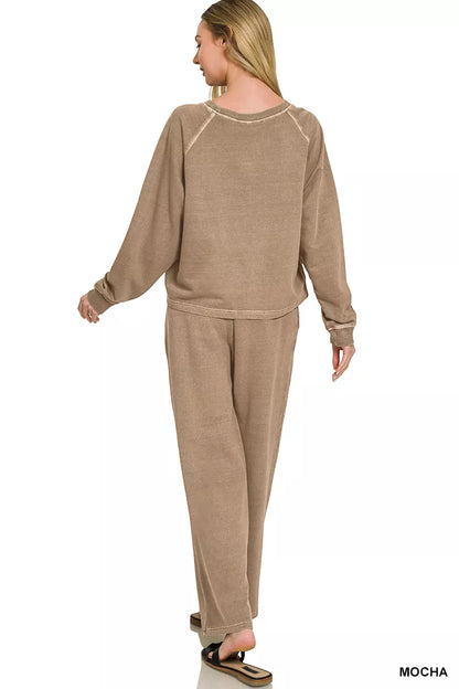 Mocha Zenana washed fleece terry round neck pullover and matching pants set, cozy loungewear from Trendsi.