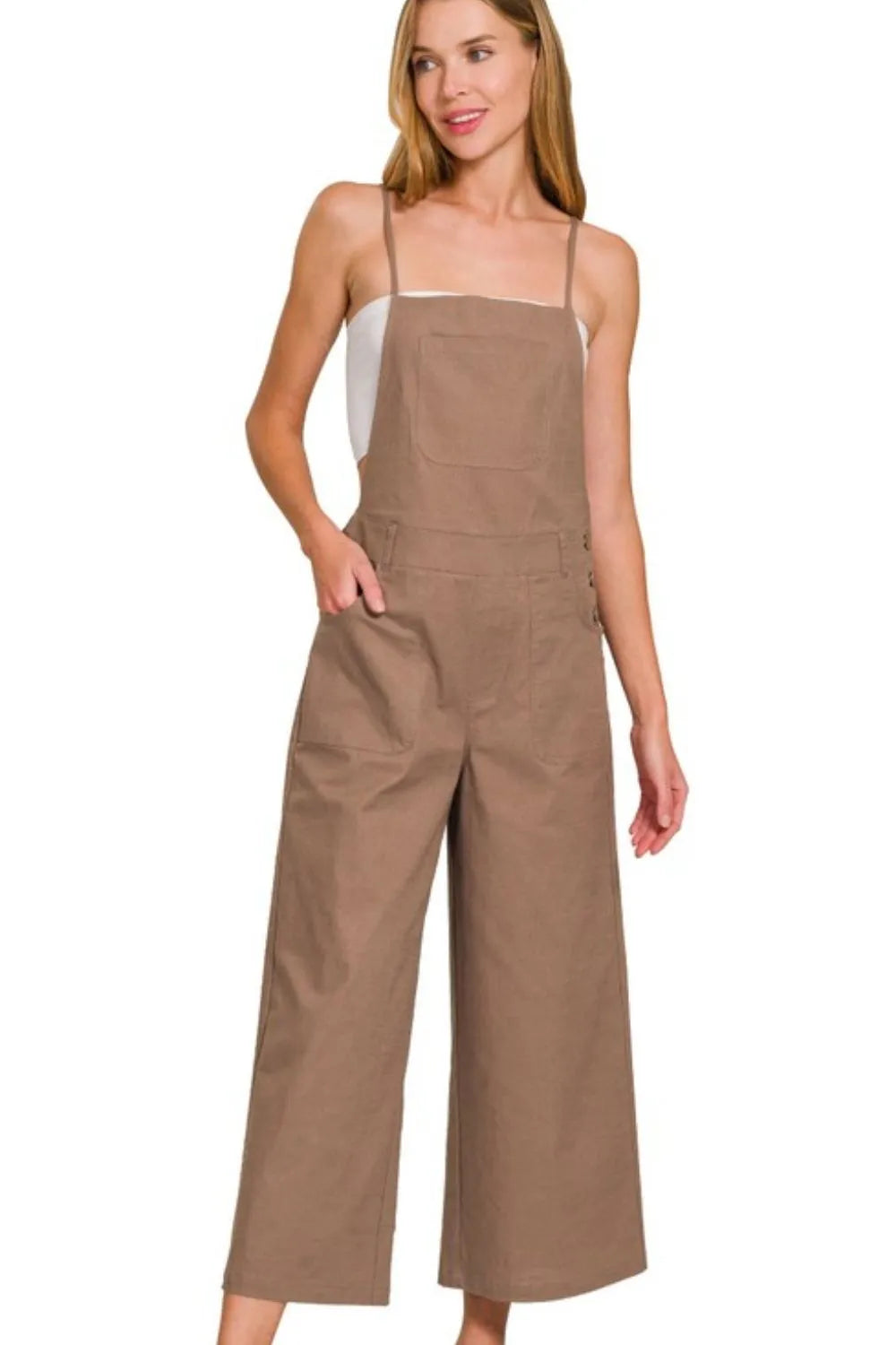 Mocha Zenana woven spaghetti strap overalls with adjustable straps and side pockets, casual and stylish for everyday wear.