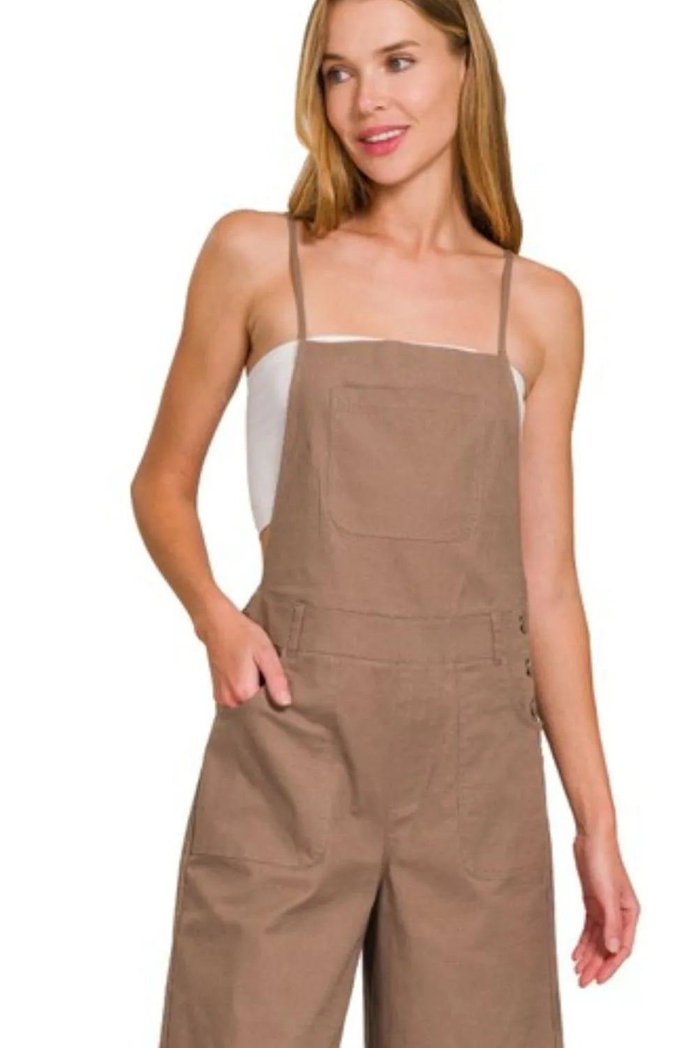 Mocha Zenana woven spaghetti strap overalls featuring adjustable straps and a relaxed fit, ideal for casual and stylish looks.