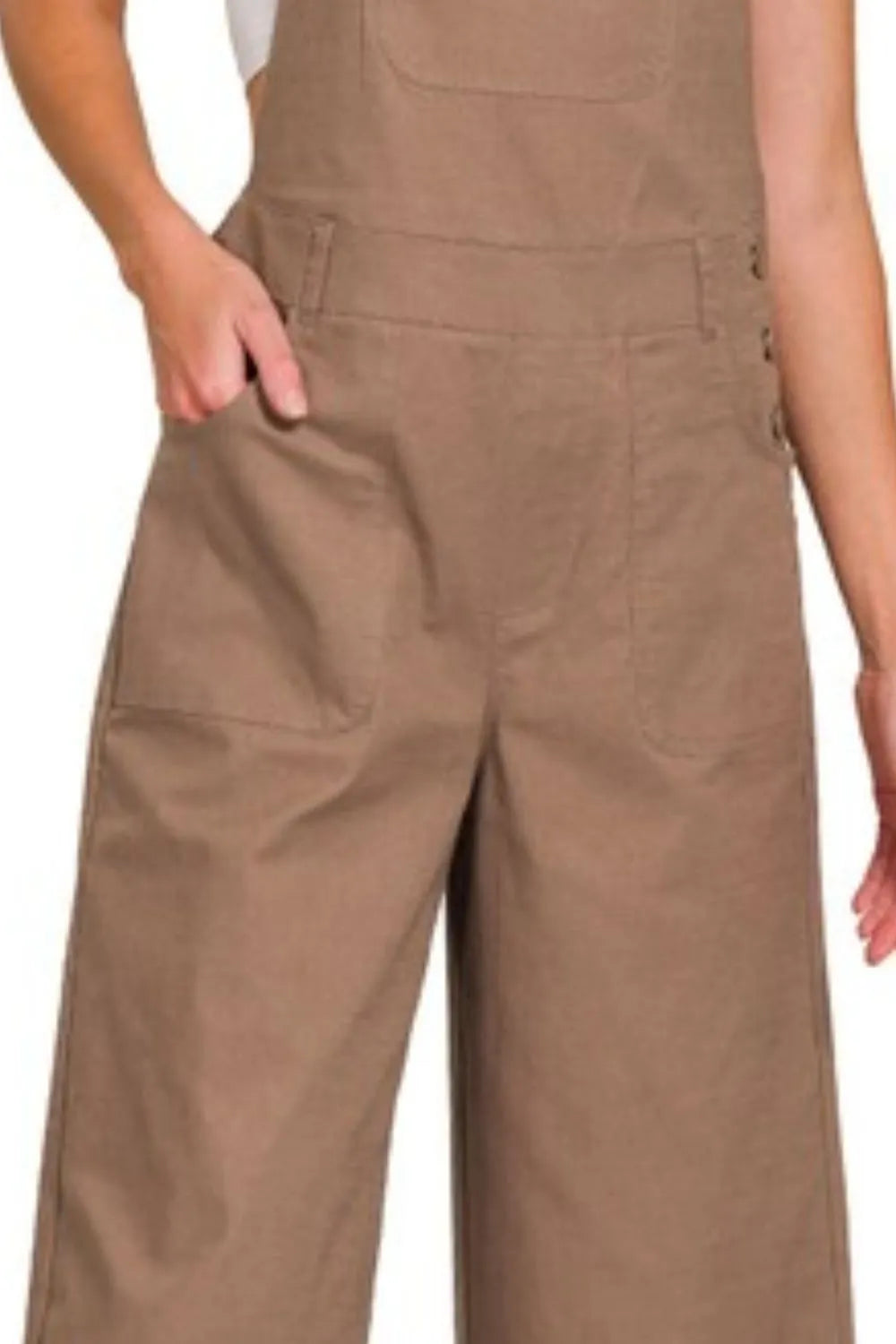 Mocha Zenana woven spaghetti strap overalls with adjustable straps and front pockets, casual and stylish for everyday wear.