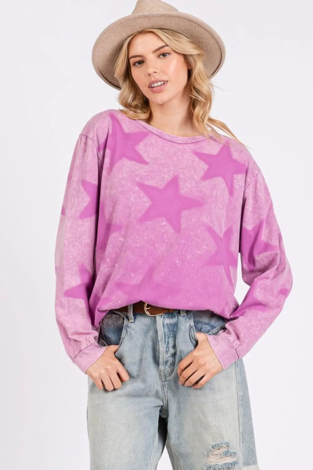 Sage and mauve mineral wash star pattern T-shirt by Trendsi, featuring a casual fit and celestial star design.