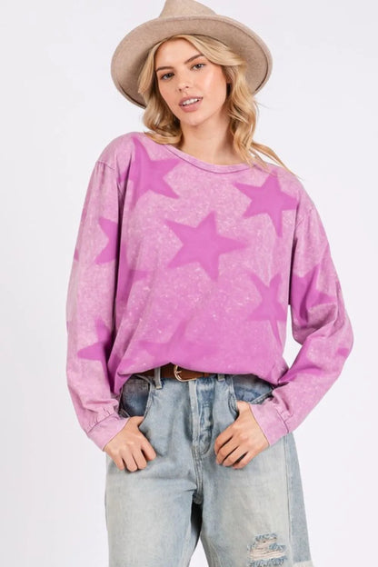 Sage and mauve mineral wash star pattern T-shirt by Trendsi, featuring a casual fit and celestial star design.