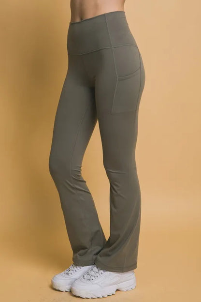 Trendsi Love Tree high waist flare active leggings with side pockets, moss green color, stretchy athletic workout leggings.