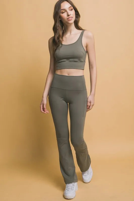 Moss green Love Tree high waist flare active leggings with side pockets, stretchy and comfortable for workout or casual wear.