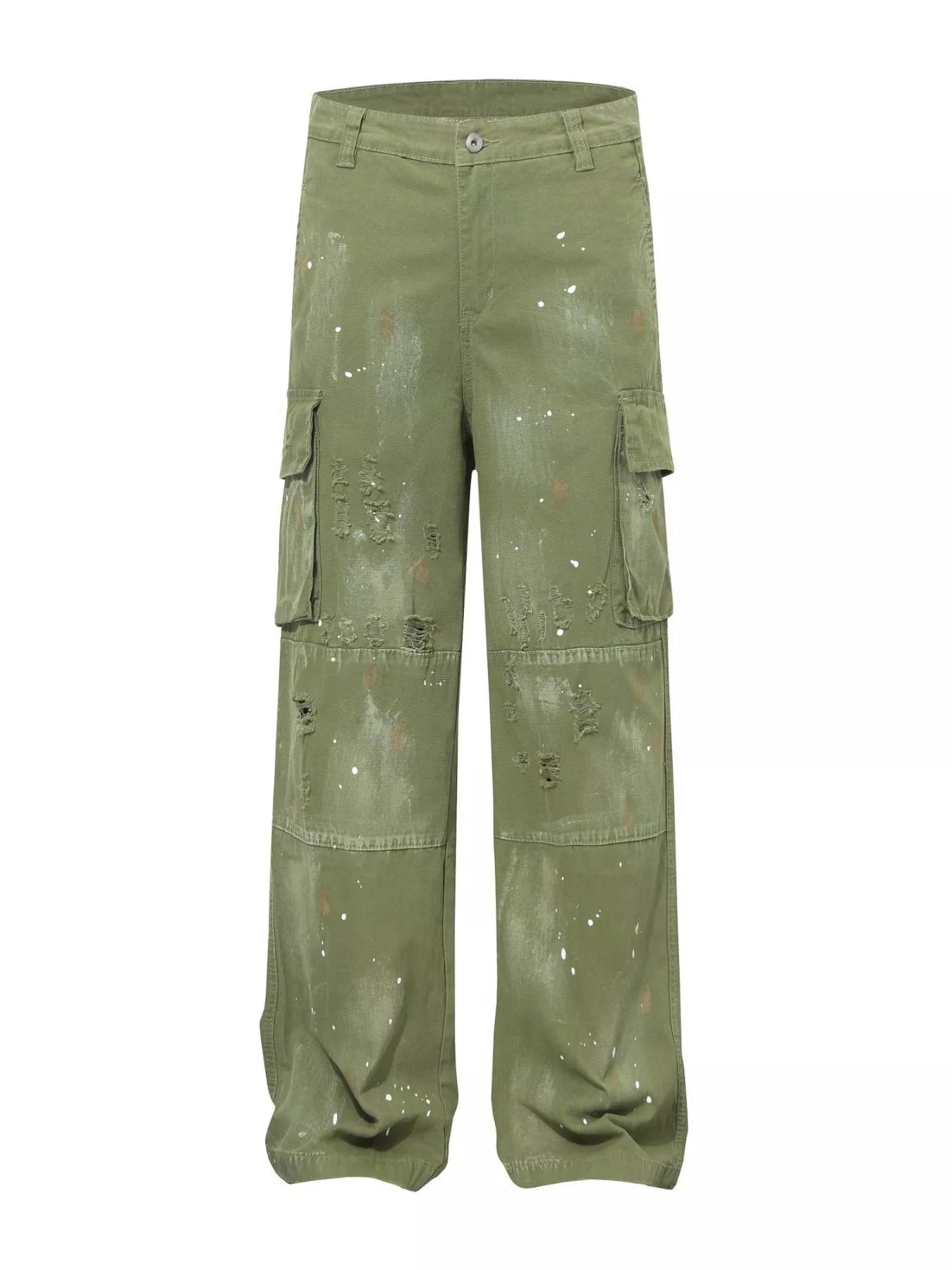 Men's distressed cargo pants with paint splatter from Trendsi, featuring multiple pockets and a rugged, stylish design.