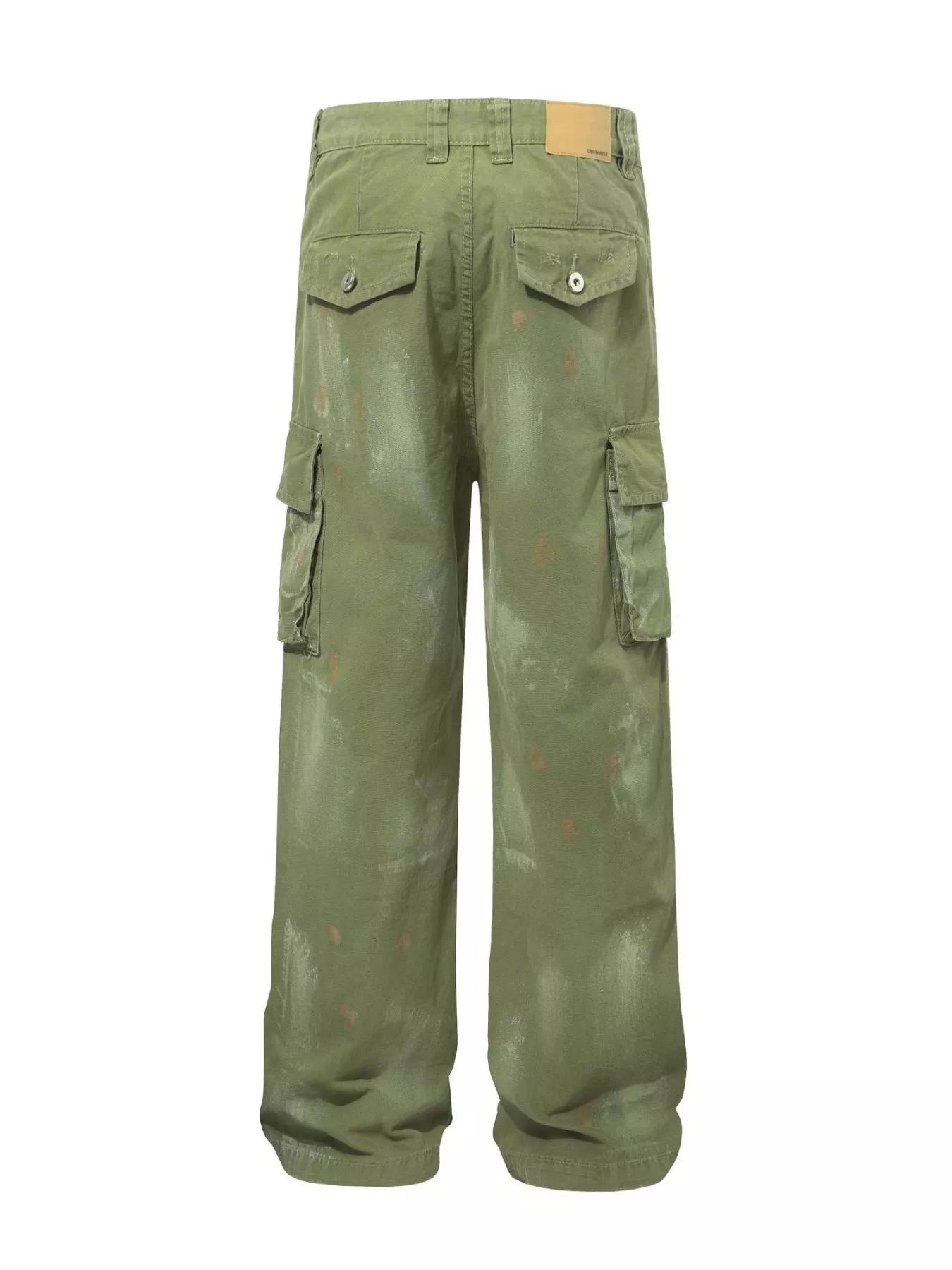 Men's distressed cargo pants with paint splatter from Trendsi, featuring rugged design and multiple pockets.