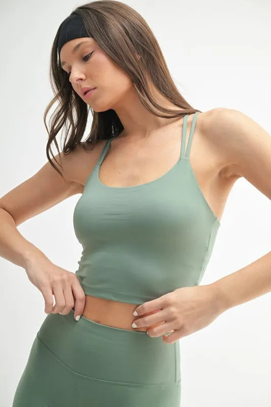 Trendsi Mono B Venice Cloud light crisscross sports bra in moss green, featuring a supportive design and stylish crossback details.