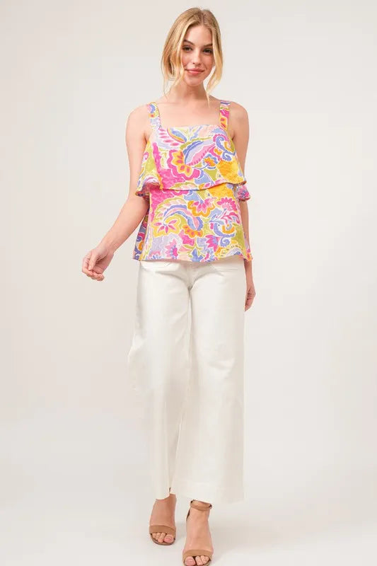 Trendsi And The Why square neck tiered paisley printed top with long sleeves and layered design, featuring colorful paisley pattern.